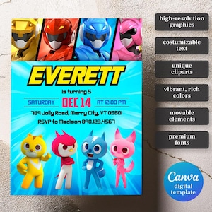 May include: A digital invitation template for a birthday party featuring a blue, red, yellow, and pink cartoon characters. The invitation is for Everett's 5th birthday party on December 14th at 12:00 PM. The invitation includes the address and RSVP information.