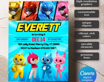 Puede incluir: Una plantilla de invitación digital para una fiesta de cumpleaños con personajes de dibujos animados azules, rojos, amarillos y rosas. La invitación es para la fiesta de cumpleaños número 5 de Everett el 14 de diciembre a las 12:00 PM. La invitación incluye la dirección y la información de RSVP.