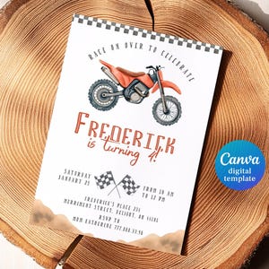 May include: A birthday party invitation with a red and black dirt bike illustration. The invitation says "Race on over to celebrate Frederick is turning 4!" with details for the party on the bottom.