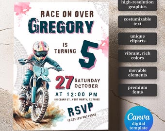 May include: A birthday invitation for a motocross-themed party. The invitation features a watercolor illustration of a child riding a dirt bike, with the text "Race on Over Gregory is turning 5" and party details.