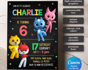 Puede incluir: Una invitación de cumpleaños colorida para un niño llamado Charlie que cumple seis años. La invitación presenta personajes de dibujos animados del programa 'CoComelon' sobre un fondo de pizarra negra. La invitación incluye la fecha, la hora y el lugar de la fiesta. También se incluye información de RSVP.