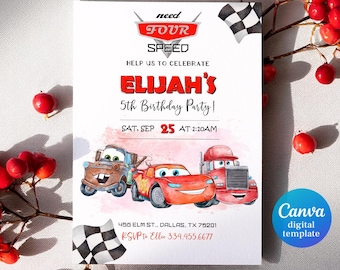 May include: A red, white, and black birthday party invitation with a Cars theme. The invitation features the text "need four speed" and "Elijah's 5th Birthday Party!" with a red and white checkered flag design. The invitation also features a watercolor illustration of three cars from the Cars movie.