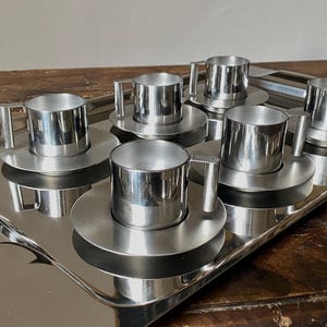 VEMI Espresso Set of 6 - Vintage Italian Metal Coffee Cups with Saucers - 70s Stainless Steel Gift Set | Housewarming gift | Retro gift