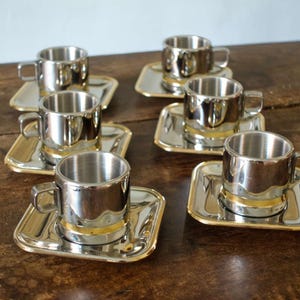 Collectors Vintage ZINI Espresso Cup Set of 2 or 6 Gold & Stainless Steel Cups + Saucers – Italy 1980s, Thermal INOX | wedding gift