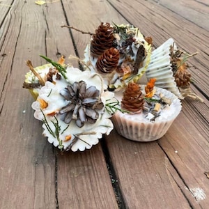 May include: A collection of handmade, natural wax melts, each decorated with pine cones, dried herbs, and other natural elements. The melts are in various shapes and sizes, with a rustic, earthy aesthetic.