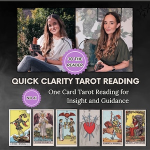 May include: An advertisement for a tarot reading service. The image features a woman, the text "JO THE READER", and several tarot cards. The text "QUICK CLARITY TAROT READING" and "One Card Tarot Reading for Insight and Guidance" are also displayed.
