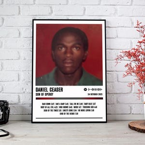 May include: A framed poster featuring a portrait of Daniel Ceaser with the text "SON OF SPERGY." Below the image are song titles and a date. The poster is displayed on a white brick wall, with a vintage camera and a floral arrangement in the foreground.