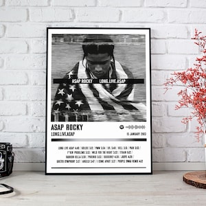 Puede incluir: Un póster en blanco y negro con un efecto de glitch que presenta un retrato de ASAP Rocky. El póster tiene el texto "ASAP Rocky" y "LONG.LIVE.ASAP" en la parte superior y el texto "LONG.LIVE.ASAP" y "15 JANUARY 2013" en la parte inferior. El póster también enumera los títulos de las pistas y las duraciones del álbum "Long.Live.ASAP".