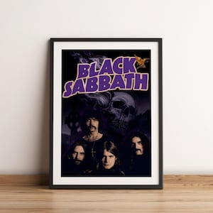 May include: A black and white poster with a purple band name "BLACK SABBATH" and a band photo of four men in front of a dark, smoky background.
