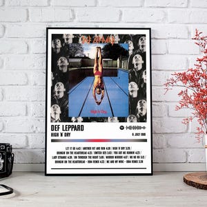 May include: A black and white album cover for Def Leppard's album High 'n Dry. The album cover features a man diving into a swimming pool. The album title is printed in white text on a black background. The album release date is printed in white text on a black background. The album track list is printed in white text on a black background.