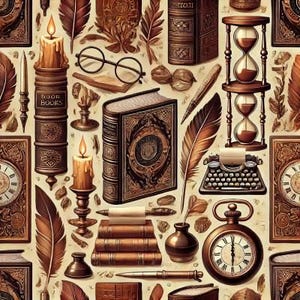 May include: A seamless pattern featuring vintage book covers, antique clocks, quill pens, and an hourglass. The pattern is in shades of brown, gold, and cream.