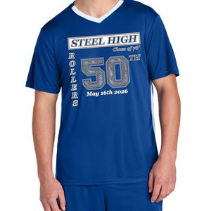May include: Royal blue v-neck t-shirt with white trim and side panel. The shirt features the text "STEEL HIGH" and "ROLLERS" with "50" and "May 16th 2026" printed on the front. The shirt is made of a lightweight, breathable material.
