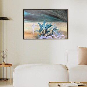 Abstract Acrylic Painting: Mystical Human Connection, Blue Leaf Art, 47x62 cm