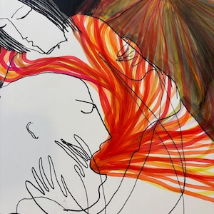 Dipinto astratto con linee emozionali su carta / Arte murale con abbraccio tra madre e figlio / Opera d'arte acrilica dipinta a mano / Stampa figurativa moderna curativa