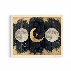 Gold Moon Phases Wall Art, Black Celestial Print, Boho Astrology Decor, Lunar Cycle Digital Download Poster 116