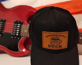 Morning People Suck Hat | Funny Baseball Cap | Sarcastic Coffee Hat | Grumpy Mug Illustration | Custom Patch Hat | Gift for Coffee Lovers