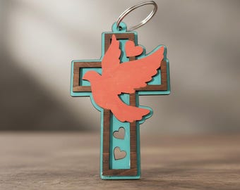 Dove Cross Keychain, Christian Baptism Gift, Teal & Coral Wood