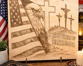 Laser Engraved Christian Patriotic Wood Sign, Eagle Cross American Flag Art