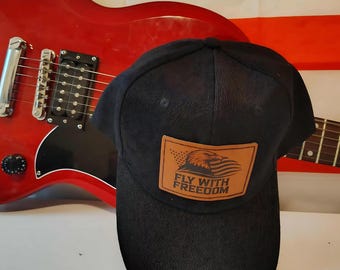 Fly With Freedom Hat | Patriotic Eagle Leather Patch Cap | Laser Engraved Baseball Hat | American Flag Dad Hat | USA Freedom Gift for Men