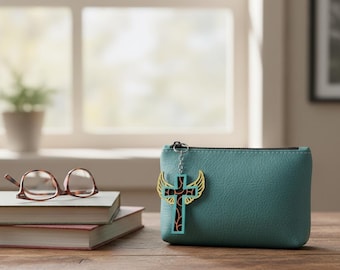 Teal Wooden Angel Wing Cross Keychain, Christian Memorial Gift