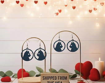 Navy Blue Cat Silhouette Earrings, Hypoallergenic Wooden Jewelry