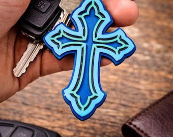 Blue Wooden Cross Keychain, Christian Gift for Baptism, Confirmation
