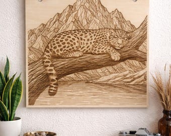Leopard Wood Wall Art, Engraved Mountain Wildlife Sign, Rustic Cabin Decor, Nature Lover Gift
