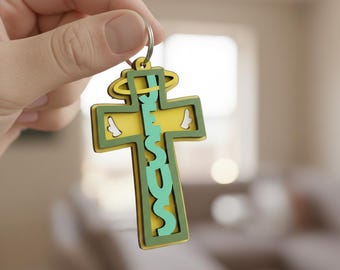 Jesus Cross Keychain, Christian Wooden Gift