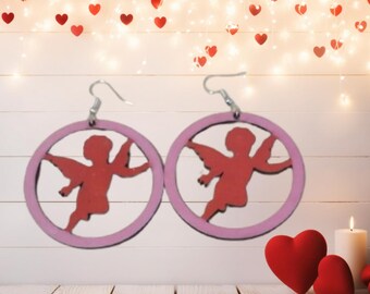 Laser Cut Cupid Dangle Earrings | Lightweight Wood, Valentine's Gift