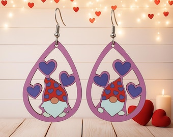 Valentine Gnome Wooden Earrings, Hypoallergenic Teardrop Dangles