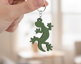 Green Wooden Gecko Keychain, Tropical Lizard Charm