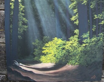 Woods, Forest, Path, Sunbeams, Sunlight, Trees, Summer, Spring, Original Landscape Oil Painting