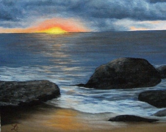 Ocean, Sea, Beach, Waves, Sunset, Sunrise, Clouds, Summer, Vacation, Tropical, Landscape Oil Painting