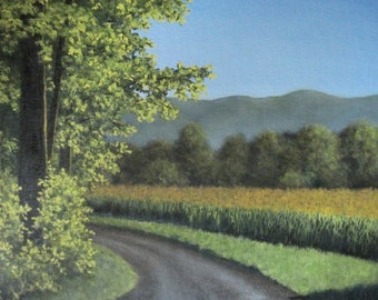Farm, Corn Field, Dirt Road, Trees, Mountains,  Summer, Spring, Original Landscape Oil Painting