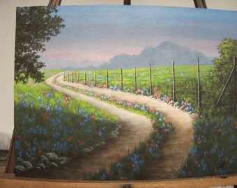 Flowers, Field, Path, Road, Fence, Summer, Spring, Trees, Farm, Country, Original Landscape Oil Painting