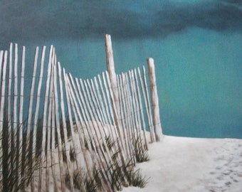 Dune, Fence, Sand, Beach, Ocean, Lake, Summer, Storm, Rain, Path, Dune grass, Original Landscape Oil Painting