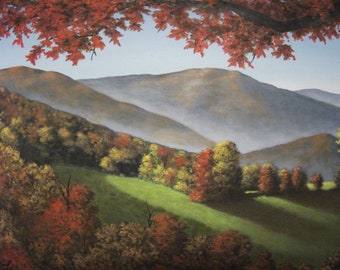 Mountains, Fall, Autumn, Trees, Appalachia, Adirondacks, North Carolina, Tennessee, New York, Fog, Landscape Oil Painting