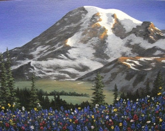 Mountain, Rainer, Washington, Spring, Bluebells, Indian Paintbrush, Valley, Field, Snow, Flowers, Tree, Original Landscape Oil Painting