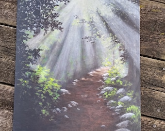 Sunbeams, forest, woods, path, trees, summer, spring, original landscape oil painting