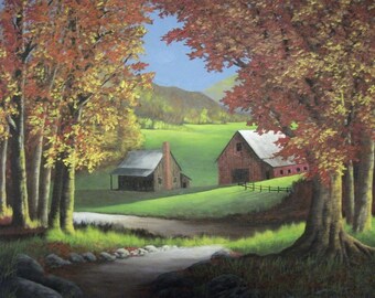 Farm, New England, Mountains, Fall, Autumn, Barn, Sunlight, Log Cabin, Field, Path, Road Original Landscape Oil Painting