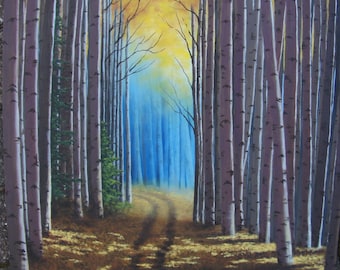 Birch, Trees, Fall, Autumn, Leaves, Forest, Woods, Path, Original Landscape Oil Painting
