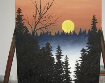 Forest, Woods, Sunset, Moon, Pine trees, Fog, Original Landscape Oil Painting