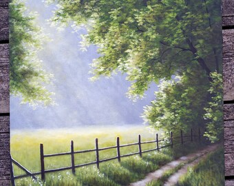 Trees, Sunlight, Sunshine, Field, Summer, Spring, Path, Fence, Woods, Flowers, Grass, Original Landscape Oil Painting