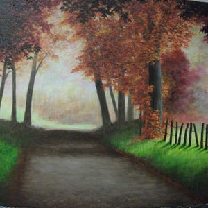 Autumn, Fall, Path, Road, Fence, Tree, Nature, Sunlight Original Landscape Oil Painting