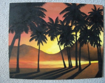 Beach, Palm Trees, Ocean, Sea, Sunrise, Sunset, Sunlight, Island, Vacation, Summer, Sand, Original Landscape Oil Painting