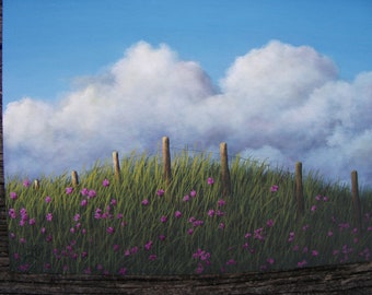 Field, Flowers, Grass, Hill, Fence, Clouds, Spring, Summer, Original Landscape Oil Painting