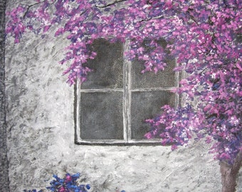 May include: A painting of a white building with a window framed by a tree with purple flowers. The flowers are in bloom and cover the tree branches. There are purple flowers in the foreground.