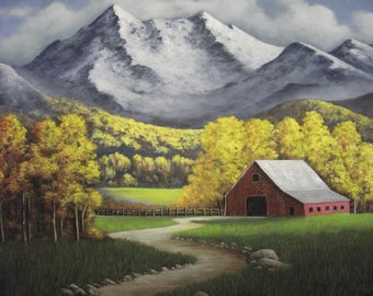 Mountains, Barn, Farm, Ranch, Autumn, Fall, Wyoming, Montana, Colorado, Trees, Foothills, Field, Fence, Original Landscape Oil Painting