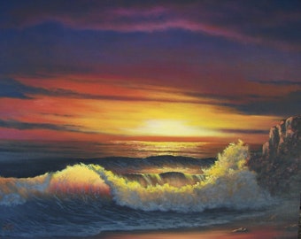 Ocean, Wave, Sea, Lake, Surf, Night, Sunset, Sunrise, Beach, Clouds, Summer, Original Landscape Oil Painting