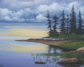 Lake, Beach, Trees, Clouds, Water reflection, Ocean, Spring, Summer, Original Landscape Oil Painting
